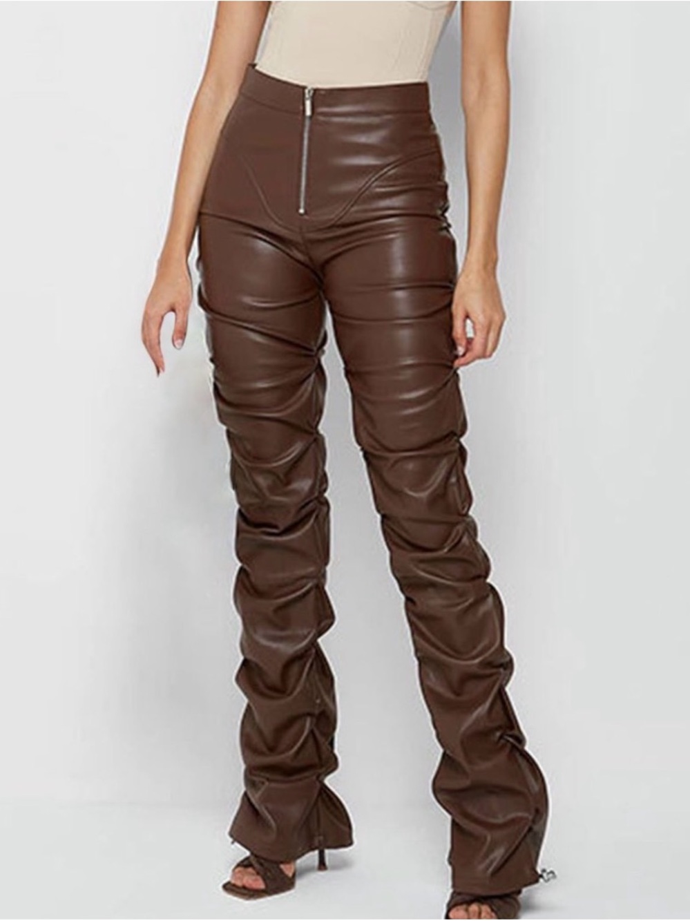 Fashion Nova Chocolate Brown High-Rise Faux Leather Ruched Pants